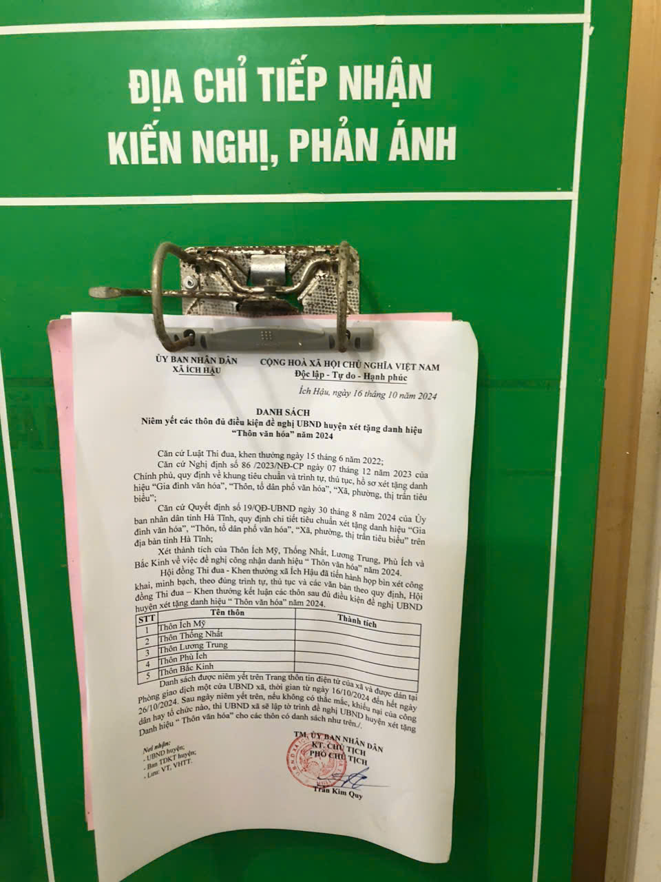 Xã Ích Hậu niêm yết công khai danh sách các thôn đủ điều kiện đề nghị xét tặng Danh hiệu " Thôn văn hóa" năm 2024